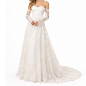 Lulus Lace Corset Bridal Gown Sheer Long Sleeve Off Shoulder Train Off White S